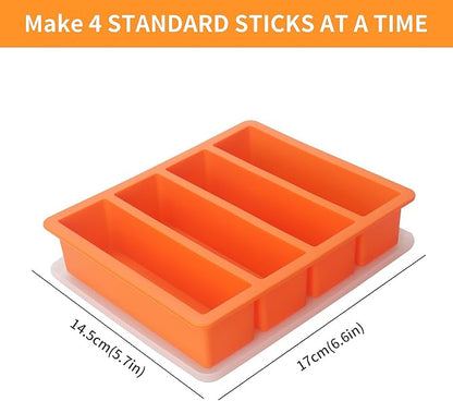 Orange silicone butter stick mold tray with four compartments